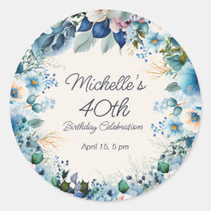 Sticker Rond Élégant Fleurs Bleu Blanc 40e Anniversaire Femme