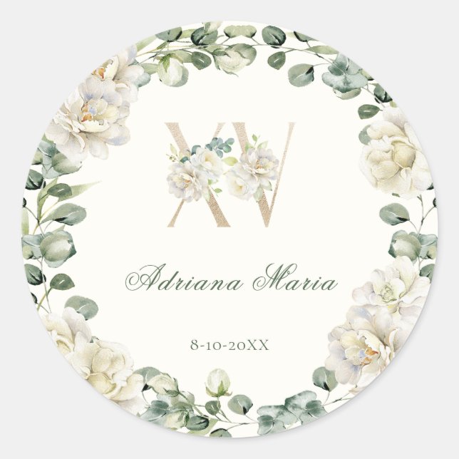 Sticker Rond Elegant Floral 15th Birthday Quinceanera (Devant)