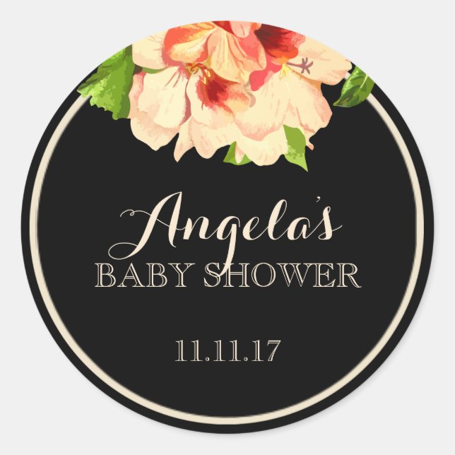 Sticker Rond Elégant Floral & Black Baby shower Cadeaux Faveurs (Devant)