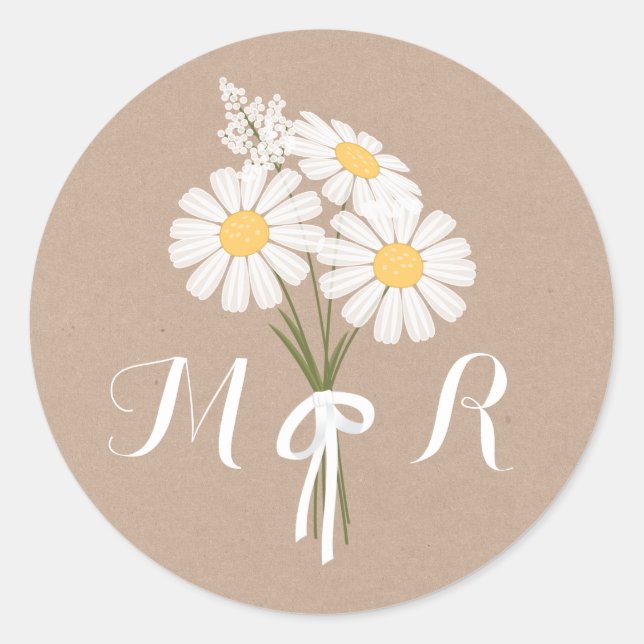 Sticker Rond Élégant floral blanc marguerites Monogram Mariage (Devant)