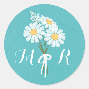 Sticker Rond Élégant floral blanc marguerites Monogram Mariage