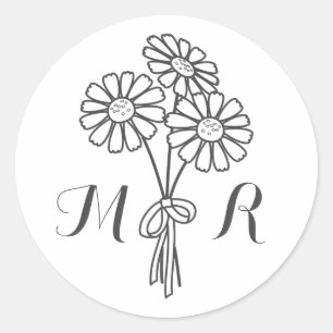 Sticker Rond Élégant floral blanc marguerites Monogram Mariage