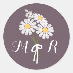 Sticker Rond Élégant floral blanc marguerites Monogram Mariage