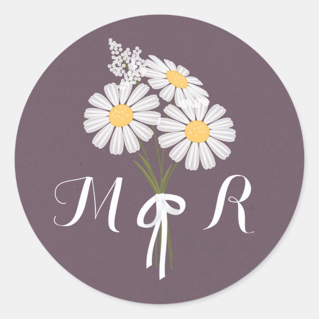 Sticker Rond Élégant floral blanc marguerites Monogram Mariage (Devant)