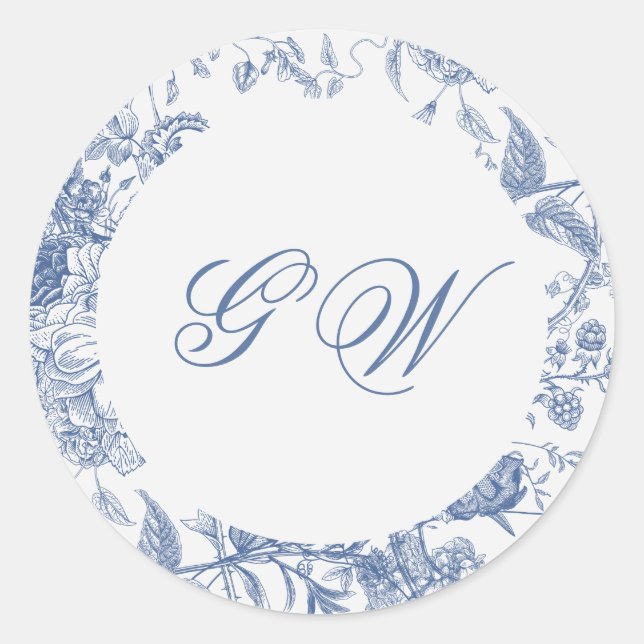 Sticker Rond Élégant floral bleu vintage français Jouy (Devant)