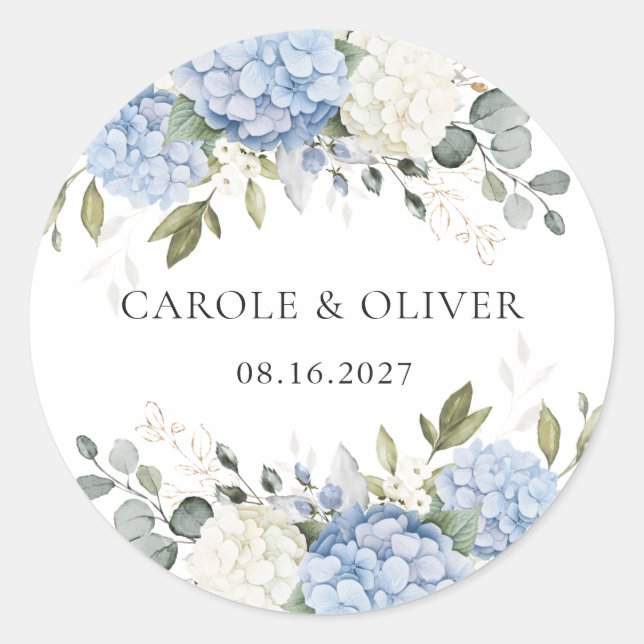 Sticker Rond Elégant Floral Blue Hydrangea Mariage de verdure (Devant)