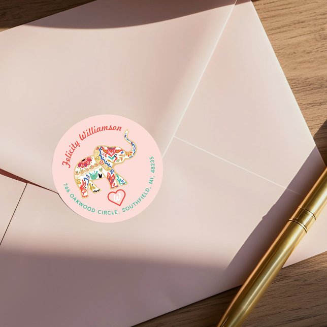 Sticker Rond Élégant Floral Décoratif Orné Elephant Adresse (Elegant Floral Decorative Ornate Elephant Address Classic Round Sticker)