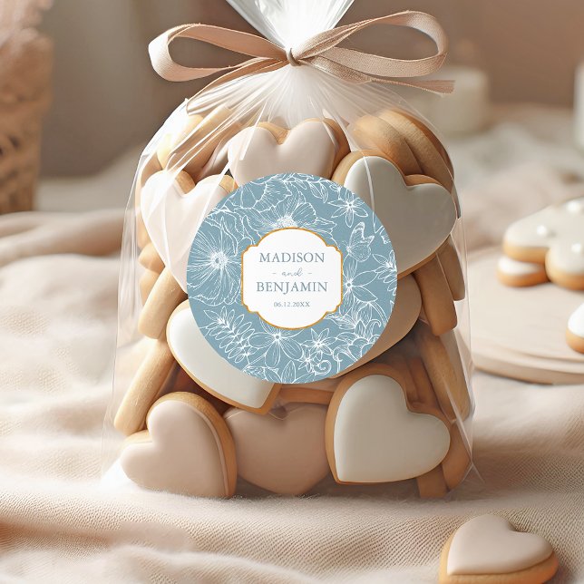 Sticker Rond Elegant Floral Garden Gold Dusty Blue Wedding (Créateur téléchargé)