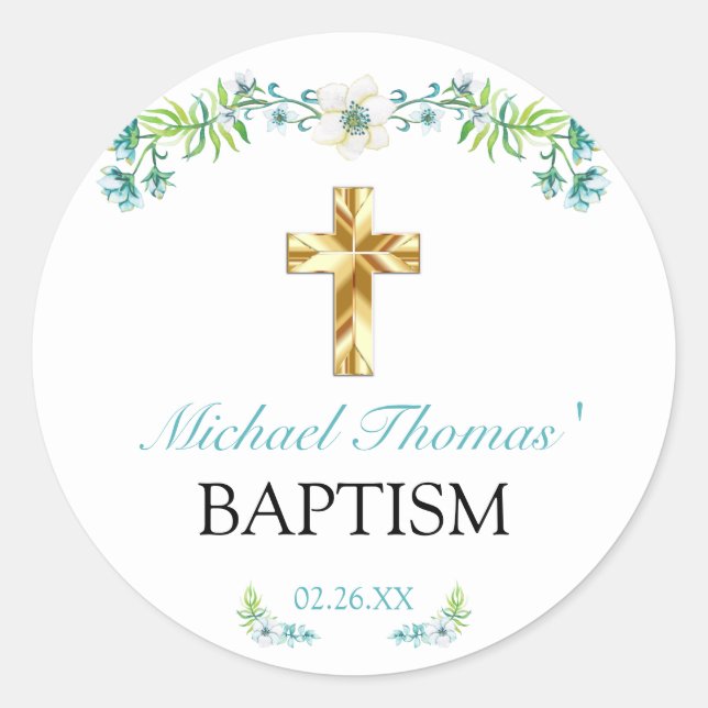 Sticker Rond Elégant Floral Gold Cross Boy Baptism (Devant)
