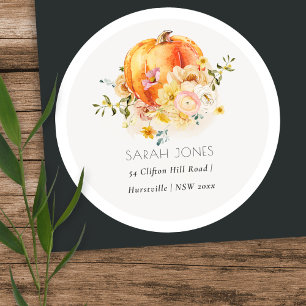 Sticker Rond Élégant Floral Orange Automne Citrouille Adresse