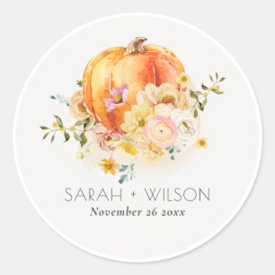 Sticker Rond Élégant Floral Orange Automne Citrouille Mariage