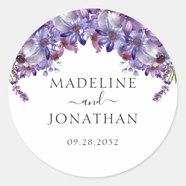 Sticker Rond Élégant Floral Purple Lavender Peonies Mariage (Devant)