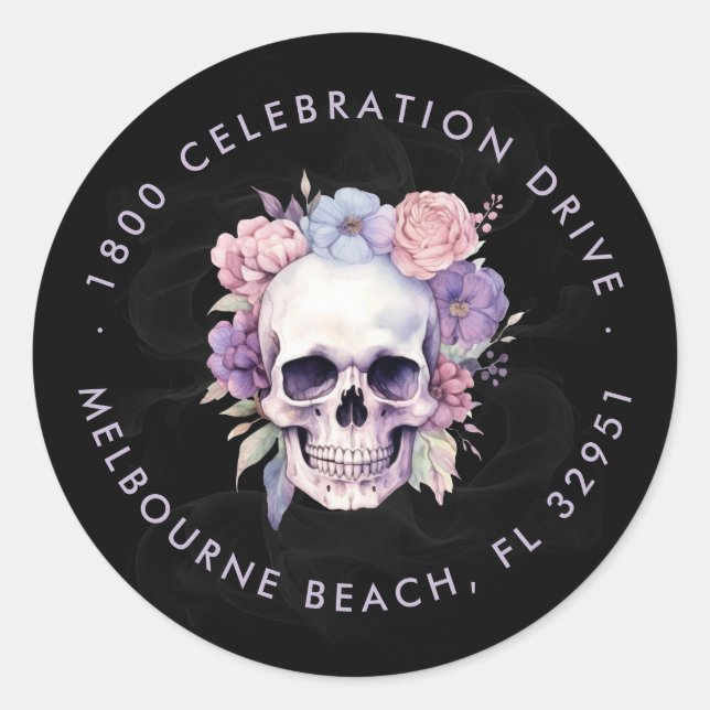 Sticker Rond Élégant Floral & Skull Gothique Adresse de retour (Devant)