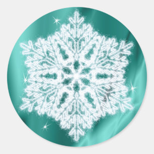 Sticker Rond Élégant Fluffy Snowflake Turquoise Green Faux Épar