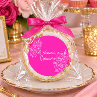 Sticker Rond Élégant Fuchsia Rose et Blanc Quinceanera Floral