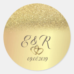 Sticker Rond Elegant Glitter Bokeh Or, Cœurs Mariage