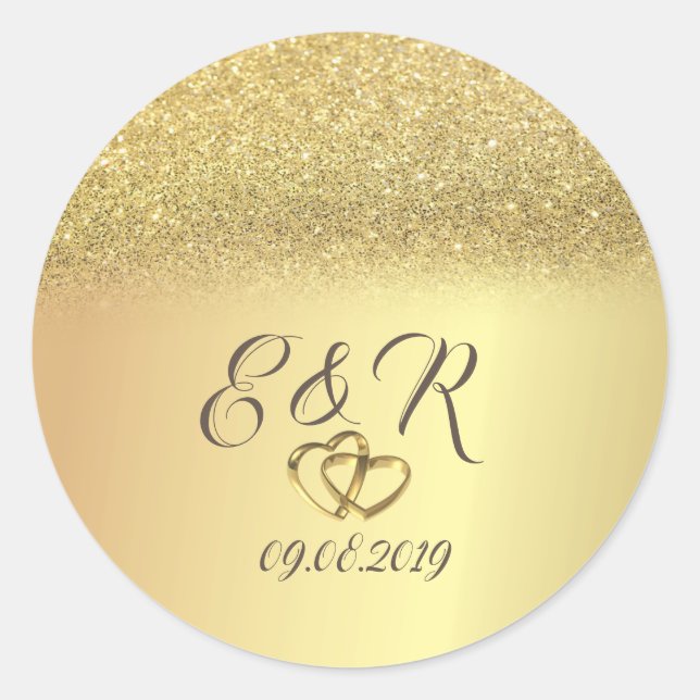 Sticker Rond Elegant Glitter Bokeh Or, Cœurs  Mariage (Devant)