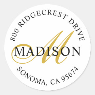 Sticker Rond Elegant Gold Black Script Monogramme Adresse de re