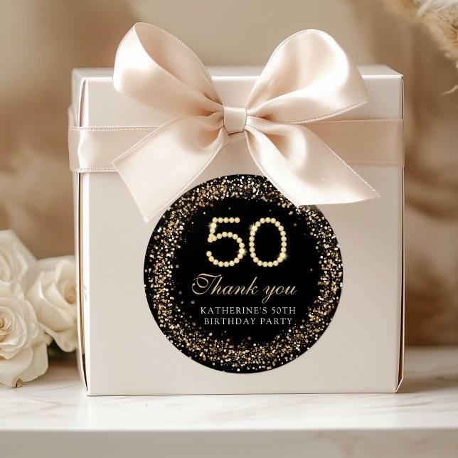 Sticker Rond Elegant Gold Diamonds 50th Birthday Thank you  (Créateur téléchargé)
