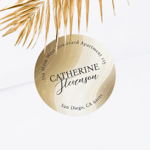 Sticker Rond Élégant Gold et White Swirl Adresse de retour