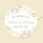 Sticker Rond Elegant Gold Floral Peony Wedding Monogram<br><div class="desc">Elegant and romantic round wedding favor sticker design features a border of peony flowers and color scheme of champagne,  antique gold,  and white. Personalize the custom text with a monogram of the bride and groom names and wedding date.</div>