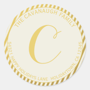Sticker Rond Élégant Gold Foil Stripe Monogramme Adresse