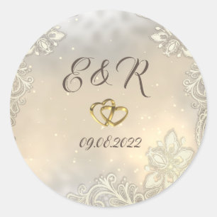 Sticker Rond Elégant Gold Hearts Mariage dentelle