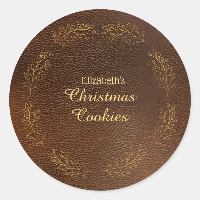 Sticker Rond Elegant Gold Leaves Brown Christmas Cookies (Devant)
