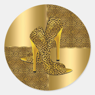 Sticker Rond Elegant Gold Leopard High Heel Shoes Animal