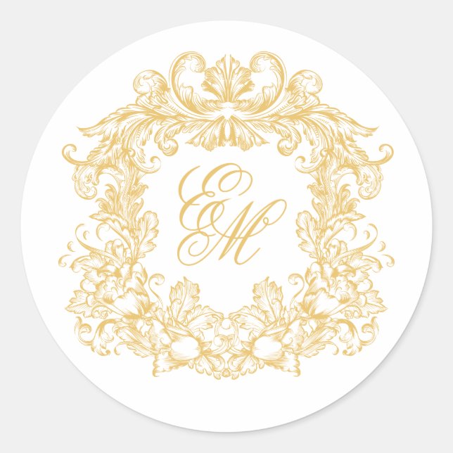 Sticker Rond Elegant Gold Monogram Crest Vintage Wedding (Devant)