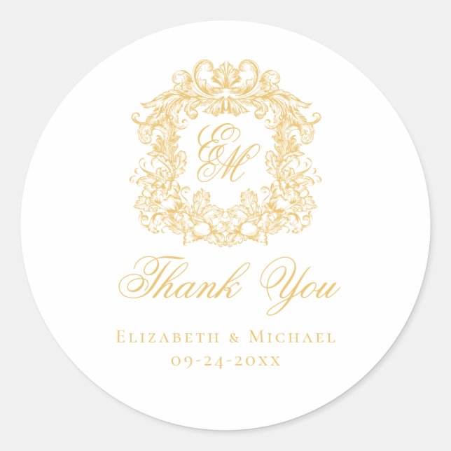 Sticker Rond Elegant Gold Monogram Wedding Crest Thank You (Devant)