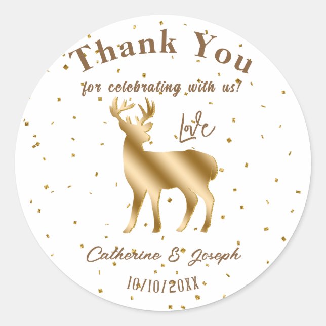 Sticker Rond Elégant Gold & Parties scintillant Deer Merci Mari (Devant)