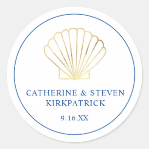 Sticker Rond Elégant Gold Seashell Beach Bleu Blanc Mariage