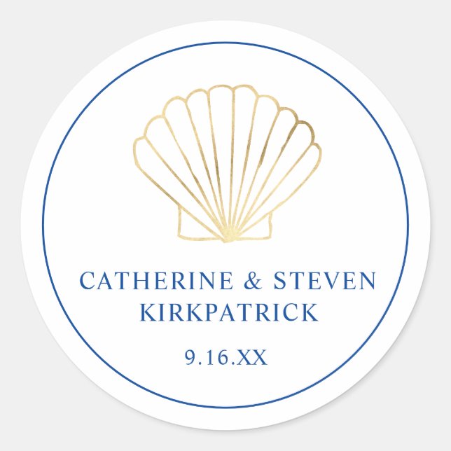 Sticker Rond Elégant Gold Seashell Beach Bleu Blanc Mariage (Devant)