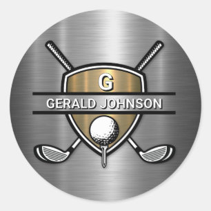 Sticker Rond Elégant Gold Shield Golf Monogramme Design