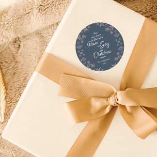 Sticker Rond Elégant Gold Snowflakes Peace Joy Blue