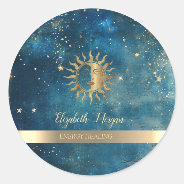 Sticker Rond Elegant Gold Sun Stars Blue Watercolor (Devant)