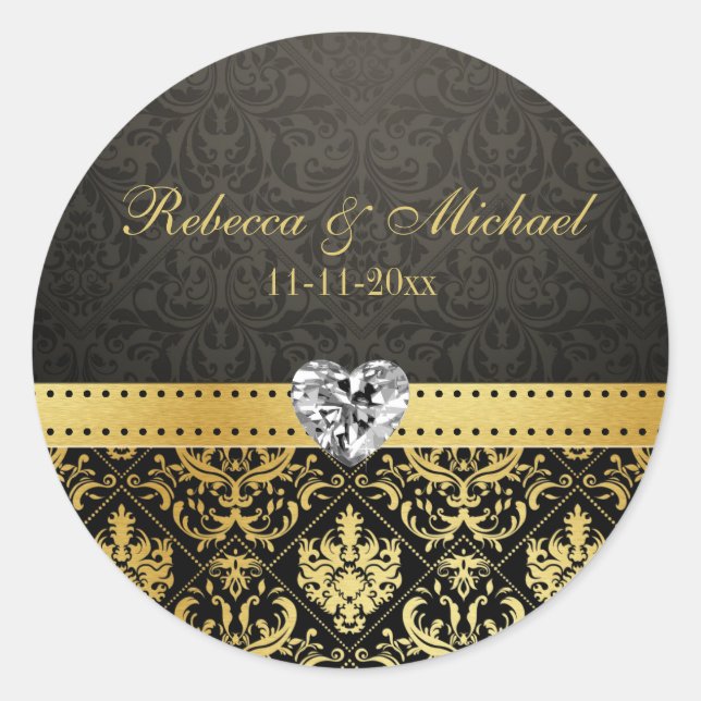 Sticker Rond Elégant Goldand Black Damask avec Diamond Heart (Devant)
