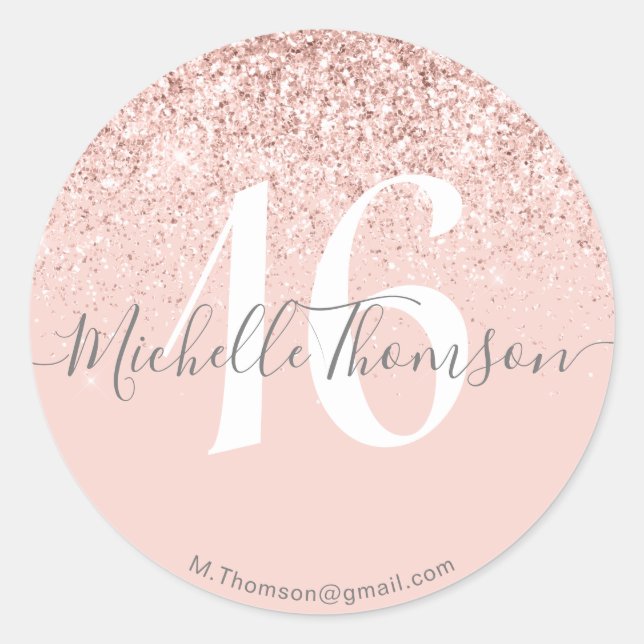 Sticker Rond Elegant Golden Glitter Monogram Sweet Pink 16 (Devant)