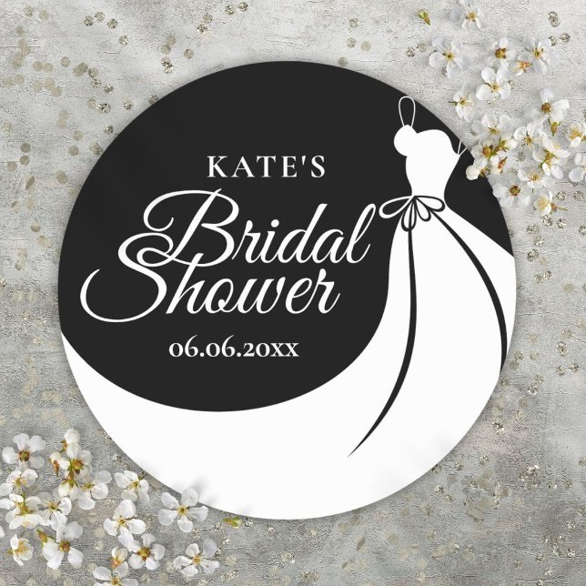Sticker Rond Elégant Gown noir et blanc Fête des mariées Favori (Elegant Gown Black And White Bridal Shower Favor Classic Round Sticker)