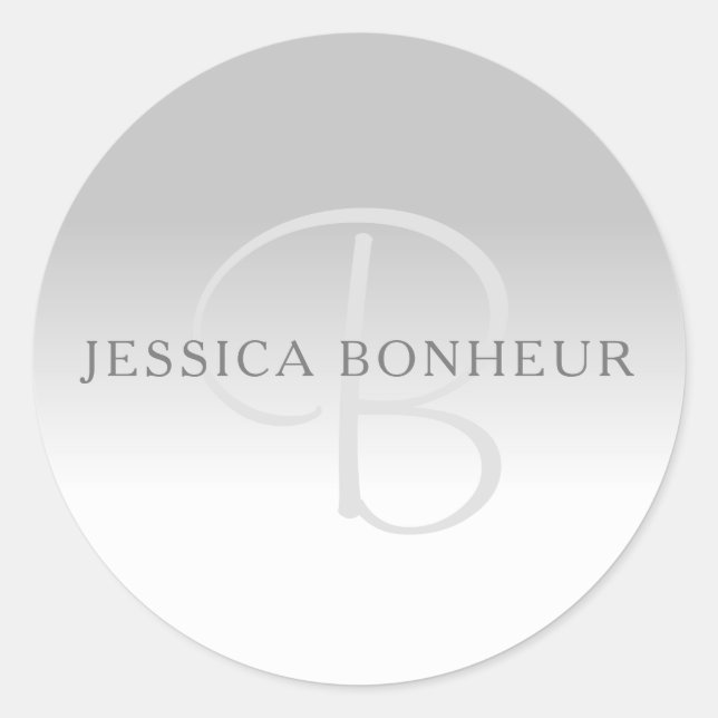Sticker Rond Élégant Gradient Gris Personnalisable Monogramme (Devant)
