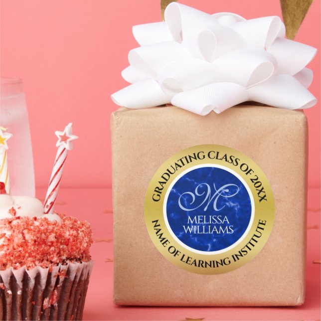 Sticker Rond Élégant Graduation Monogramme Bleu Marbre Or Huile (Fête)