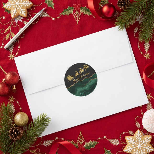 Sticker Rond Elegant Green Gold Santa Sleigh Merry Christmas (Créateur téléchargé)