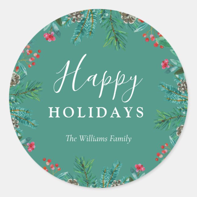 Sticker Rond Elégant Green Happy Holidays Wreath Nom de famille (Devant)