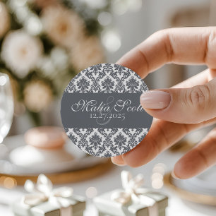 Sticker Rond Elégant gris blanc Mariage damassé Favoriser