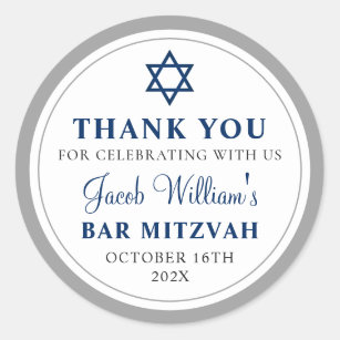 Sticker Rond Elegant gris et Navy Blue Bar Mitzvah Merci