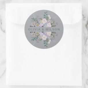 Sticker Rond Elégant gris & lavande Botanique Floral