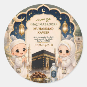 Sticker Rond Élégant Hajj Mabroor Art Chibi Personnalisé