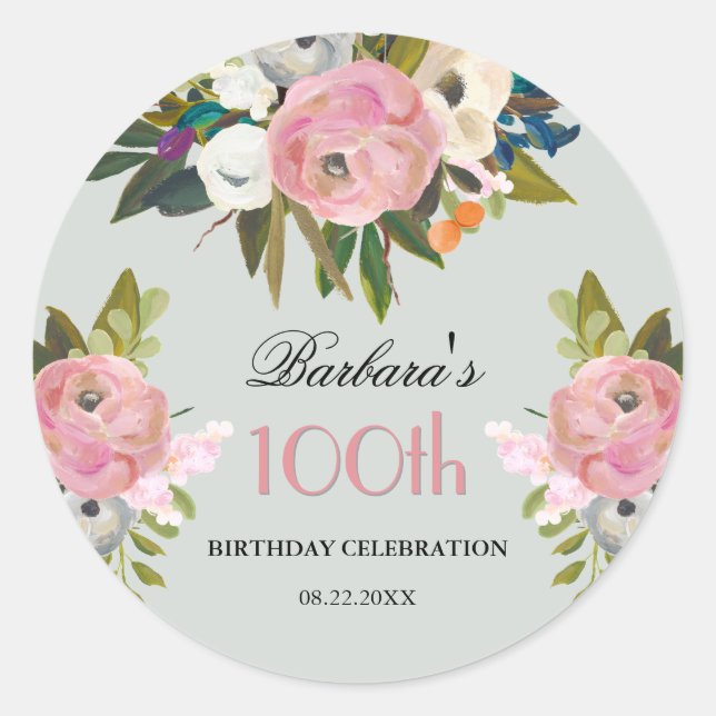 Sticker Rond Elegant Handpainted Floral 100th Birthday Welcome (Devant)