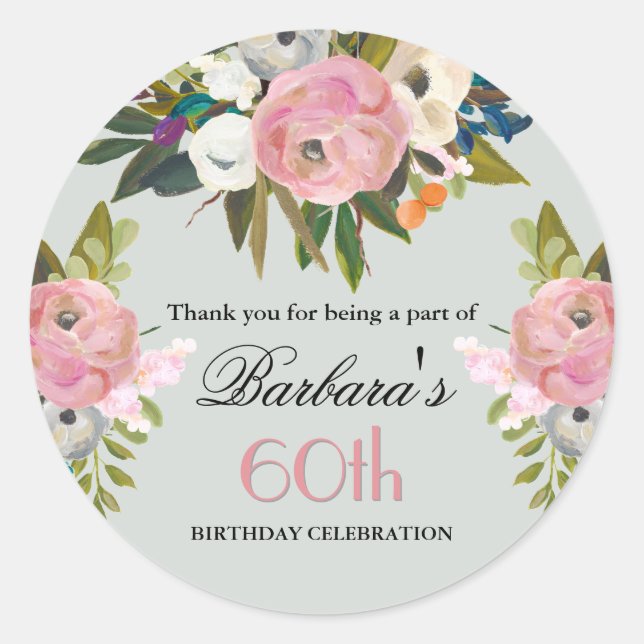 Sticker Rond Elegant Handpainted Floral 60th Birthday Welcome (Devant)